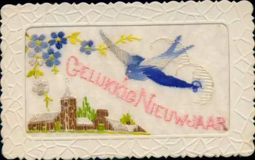 Seidenstick Ak Glückwunsch Neujahr, Vogel, Blumen, Kirche