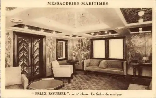 Ak Passagierschiff Félix Roussel, Messageries Maritimes, 2. Klasse, Musiksalon