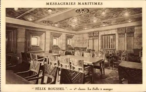 Ak Passagierschiff Félix Roussel, Messageries Maritimes, 2. Klasse, Speisesaal