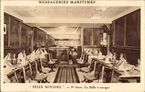 Ak Passagierschiff Félix Roussel, Messageries Maritimes, 3. Klasse, Speisesaal