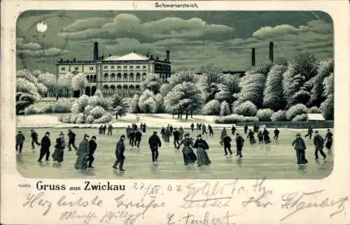 Mondschein Litho Zwickau in Sachsen, Eisläufer auf dem Schwanenteich