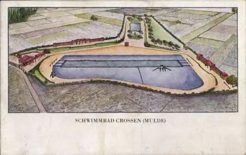 Künstler Ak Crossen an der Mulde Zwickau Sachsen, Schwimmbad, Freibad, Entwurf 1924