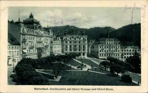 Ak Mariánské Lázně Marienbad Region Karlsbad, Goetheplatz, Hotel Weimar, Hotel Stern