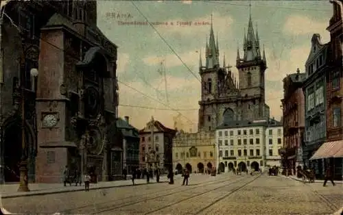 Ak Praha Prag, Altstädter Rathaus und Teinkirche, Astronomische Uhr