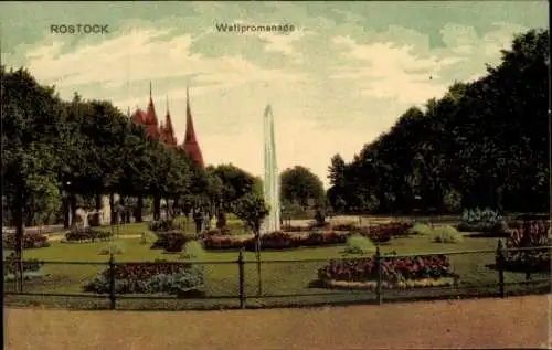 Ak Hansestadt Rostock, Wallpromenade, Brunnen