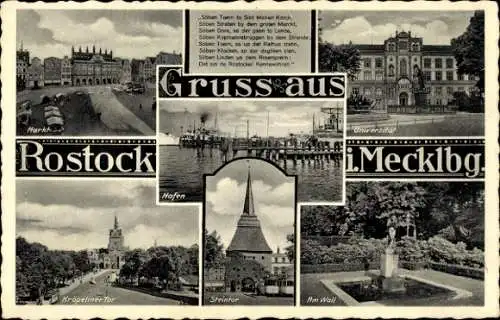 Ak Hansestadt Rostock, Universität, Steintor, Am Wall, Hafen, Markt, Kröpeliner Tor, Gedicht