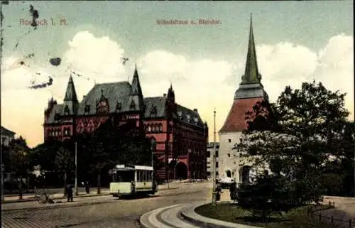 Ak Rostock in Mecklenburg, Ständehaus, Steintor, Straßenbahn