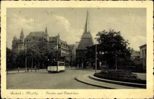 Ak Rostock in Mecklenburg, Steintor, Ständehaus, Straßenbahn