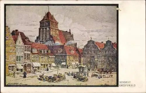 Künstler Ak Bendrat, Greifswald, Marktplatz mit Geschäften und Marienkirche