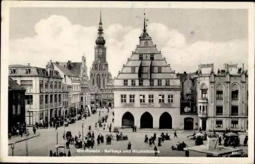 Ak Hansestadt Greifswald, Rathaus und Nikolaikirche