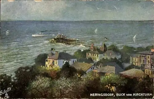 Künstler Ak Ostseebad Heringsdorf auf Usedom, Blick vom Kirchturm, Seebrücke