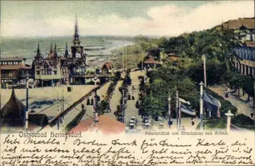 Ak Ostseebad Heringsdorf auf Usedom, Panoramablick vom Strandcasino nach Ahlbeck