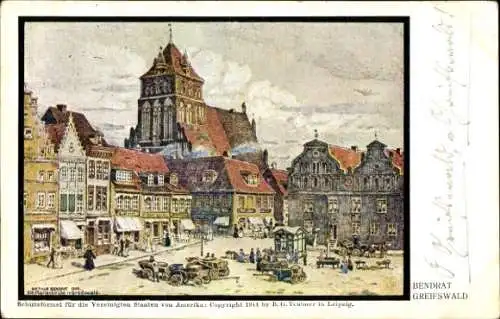 Künstler Ak Bendrat, Greifswald, Marktplatz mit Geschäften und Marienkirche