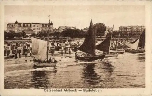 Ak Ostseebad Ahlbeck auf Usedom, Badeleben, Strand, Segelboote