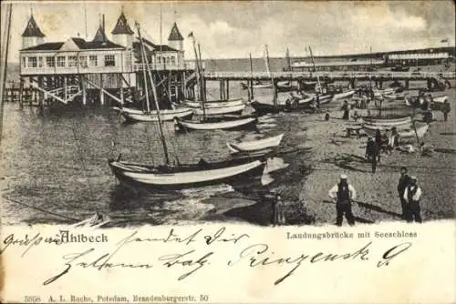 Ak Ostseebad Ahlbeck auf Usedom, Landungsbrücke mit Seeschloss, Boote