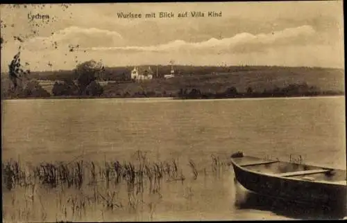 Ak Lychen in der Uckermark, Wurlsee mit Blick auf Villa Kind, Boot