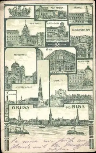 Litho Riga Lettland, Rathaus, Polytechnikum, Börse, Kathedrale, Gasanstalt, Votivkapelle