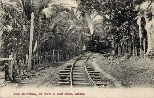 Ak Labuan Malaysia, Bahnschienen zum Bergwerk, Dampflok