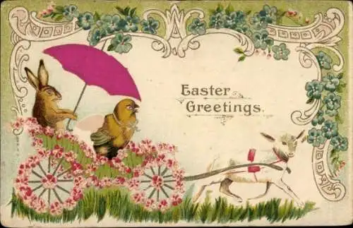 Stoff Präge Litho Glückwunsch Ostern, Lamm zieht eine Kutsche, Küken, Hase