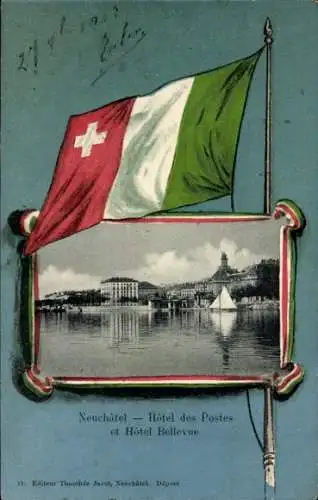 Passepartout Ak Neuchâtel Neuenburg Stadt, Hotel des Postes, Hotel Bellevue