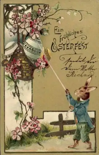 Präge Litho Glückwunsch Ostern, Vermenschlichter Hase, Ostereier