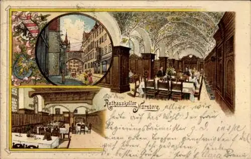 Litho Nürnberg in Mittelfranken Bayern, Rathauskeller, Innenansicht