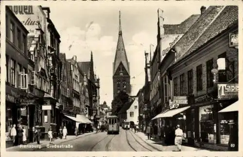 Ak Flensburg in Schleswig Holstein, Große Straße, Straßenbahn, Geschäfte, Kirchturm