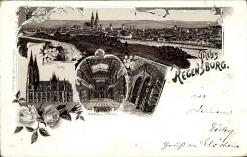 Litho Regensburg an der Donau Oberpfalz, Dom, Walhalla, Totalansicht