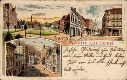 Litho Aschersleben im Salzlandkreis, Burgplatz, Wilhelmstraße, Breite Straße