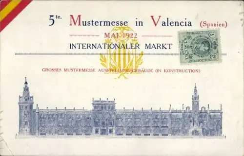 Ak Valencia Stadt Spanien, 5. Mustermesse 1922, internationaler Markt