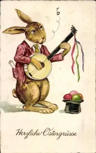 Ak Glückwunsch Ostern, Osterhase als Straßenmusikant