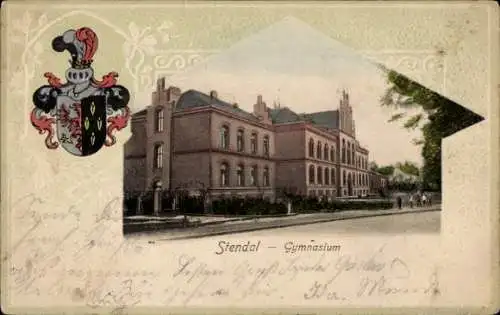 Präge Ak Stendal in der Altmark, Gymnasium, Wappen, Ritterhelm