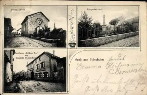 Ak Spiesheim in Rheinhessen, Evangelische Kirche, Kriegerdenkmal, Gasthaus Pfälzer Hof