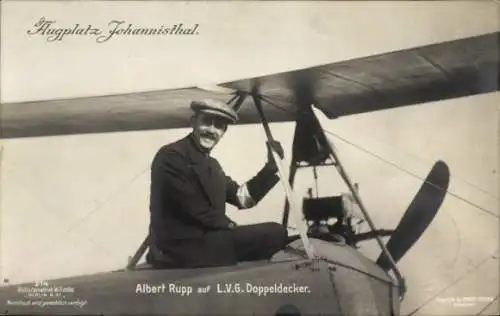 Ak Flugplatz Johannisthal, Albert Rupp, Doppeldecker, Flugzeug