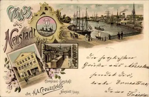 Litho Neustadt in Holstein, Hafen, Comptant Geschäft von H. A. Creutzfeldt