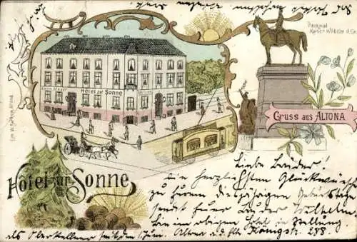 Litho Hamburg Altona, Hotel zur Sonne, Denkmal Kaiser Wilhelm der Große