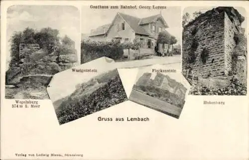 Ak Lembach Elsass Bas Rhin, Gasthaus zum Bahnhof, Hohenburg, Fleckenstein, Wegelnburg