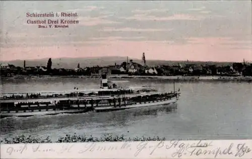 Ak Schierstein Wiesbaden, Blick auf Gasthof Drei Kronen, Salondampfer