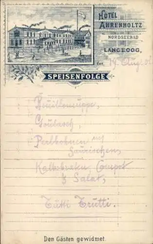 Litho Nordseebad Langeoog Ostfriesland, Hotel Ahrenholtz, Speisenfolge