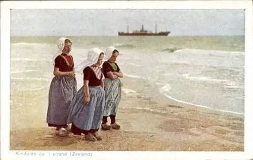 Ak Zeeland, Kinder am Strand, Niederländische Volkstracht