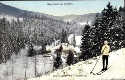 Ak Winterberg Sauerland, verschneite Daubermühle, Ski