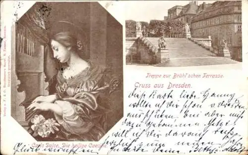 Ak Dresden Altstadt, Treppe zur Brühlschen Terrasse, Carlo Dolce, heilige Caecilie
