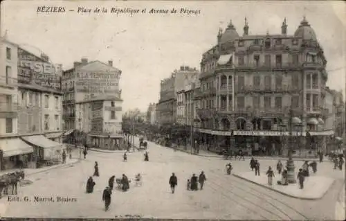 Ak Béziers Hérault, Place de la Republique, Avenue de Pezenas