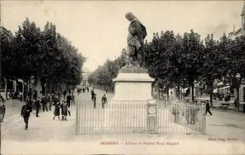 Ak Béziers Hérault, Allees et Statue Paul Riquet