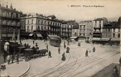 Ak Béziers Hérault, Place de la Republique, Straßenbahn