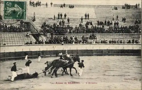 Ak Béziers Hérault, Stierkampf, Arena, L'Arrastre