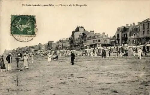 Ak Saint Aubin sur Mer Calvados, Strand, L'heure de la Raquette