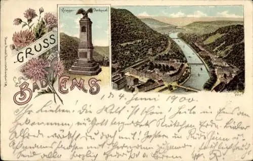 Litho Bad Ems an der Lahn, Panorama, Krieger Denkmal