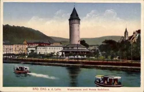 Ak Bad Ems an der Lahn, Wasserturm und neues Badehaus, Boote