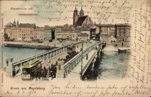 Ak Magdeburg an der Elbe, Strombrücke, Johanniskirche, Straßenbahn